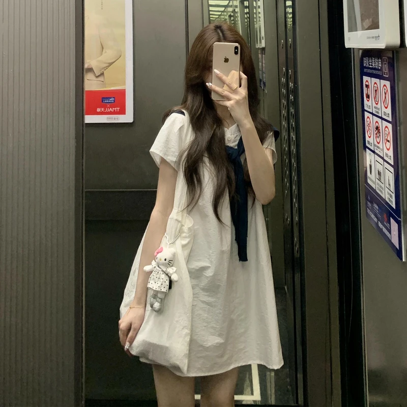 韩系甜美风白色衬衫短袖t恤连衣裙子女装夏季2025新款小个子短裙