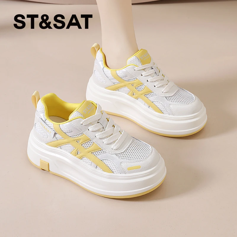 星期六女鞋2025夏季新款舒适透气时尚百搭休闲厚底网面增高板鞋女