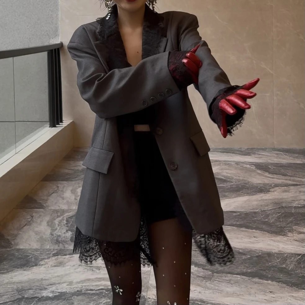 【Seven】蕾丝拼接钩花镂空西装外套