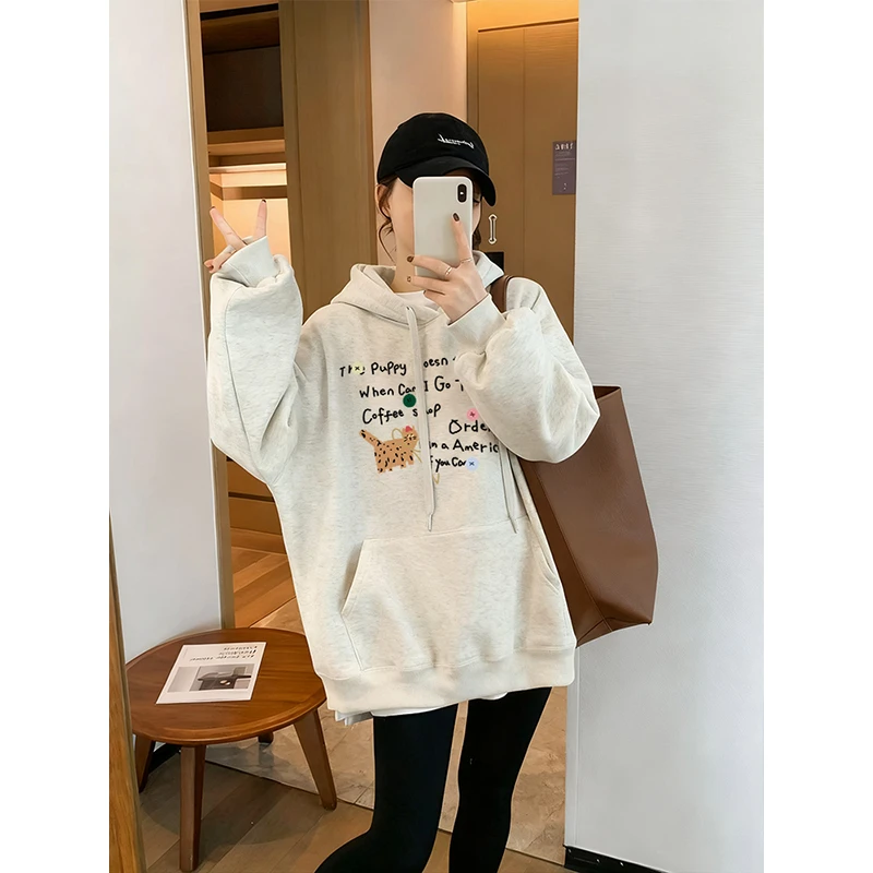 2025年秋冬季新款连帽卫衣女中长款韩版宽松休闲加绒加厚上衣外套