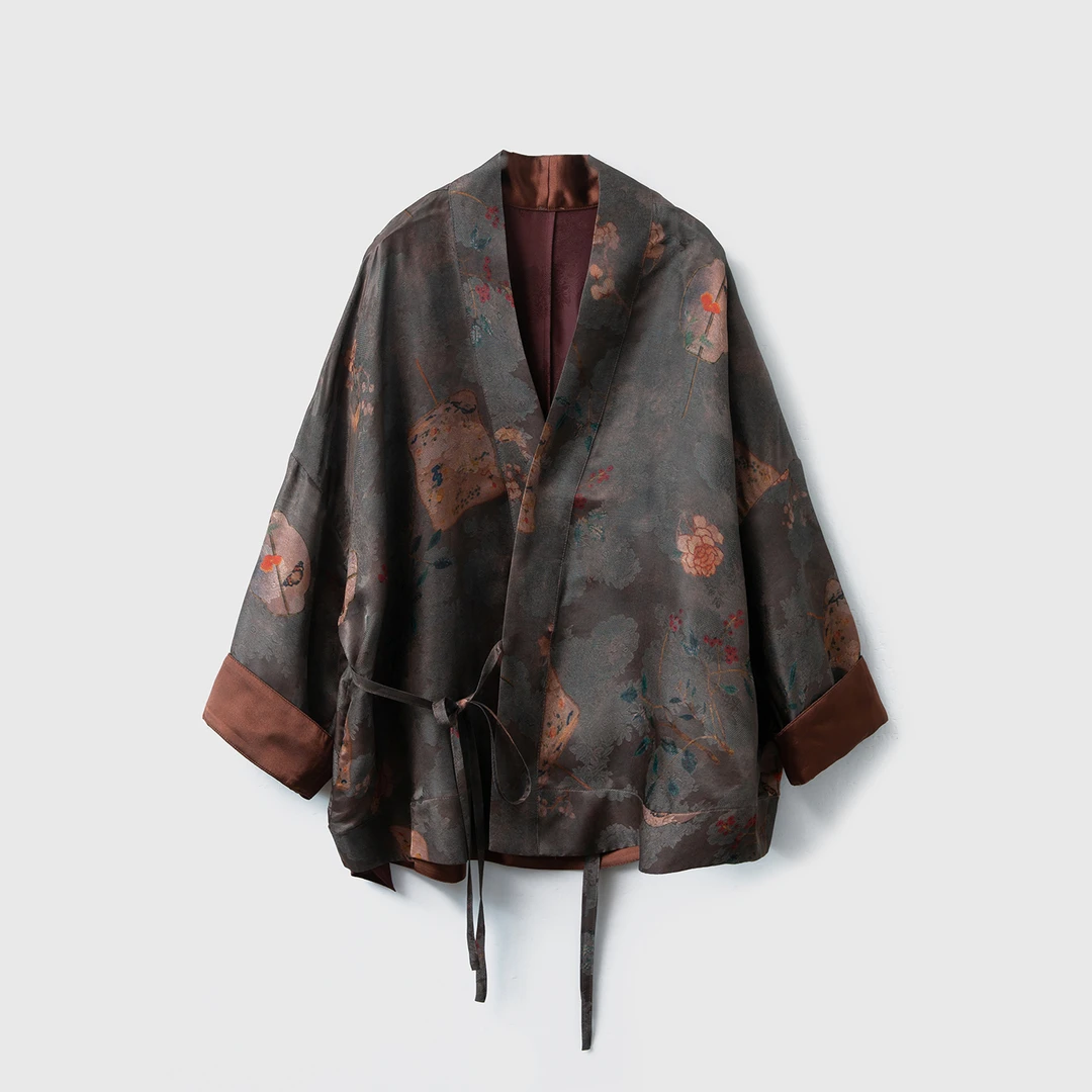 SILVIYE国风香云纱真丝桑蚕丝V领宽松系带开衫外套上衣秋WT52243