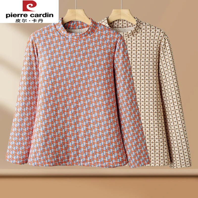 皮尔卡丹中老年人女妈妈秋冬装半高领夹加厚保暖打底衫奶奶T恤