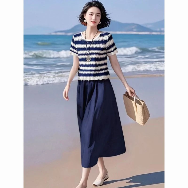 洋气条纹薄款针织衫夏季新款时尚半身裙套装女显瘦潮气质休闲复古