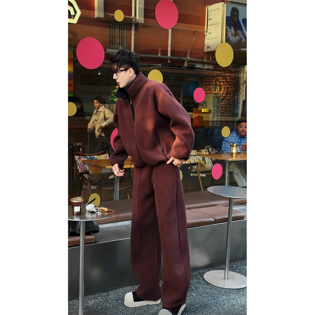 2025秋冬男士重磅双面摇粒绒两件套慵懒保暖外套休闲弯刀长裤套装