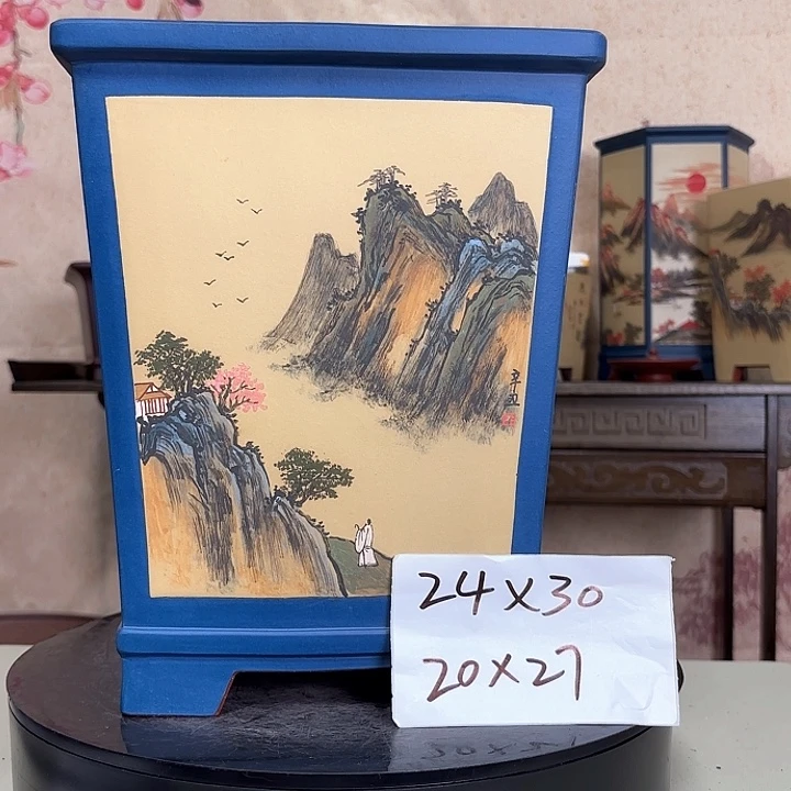 紫砂花盆墨绘山水
