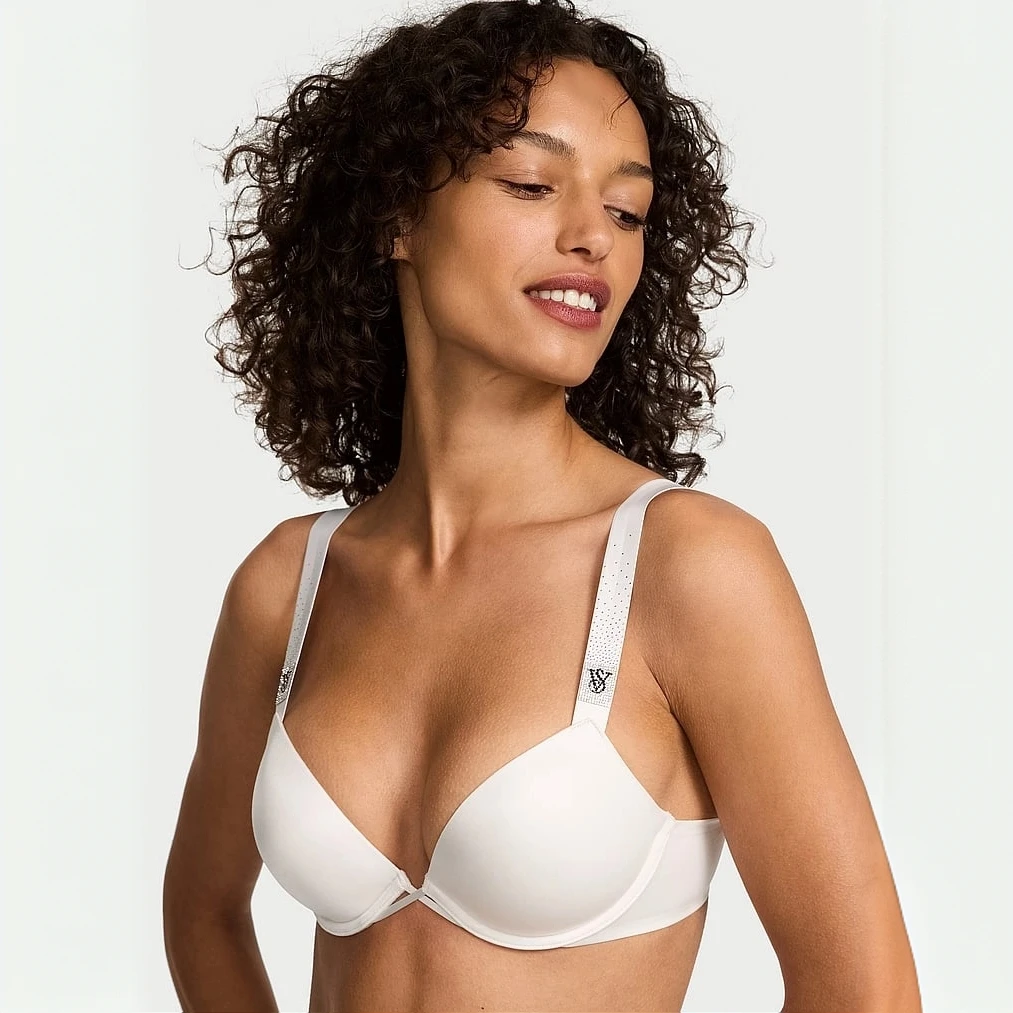 【维密·聚拢文胸】闪亮Logo水钻渐变肩带光面聚拢内衣上薄下厚杯垫