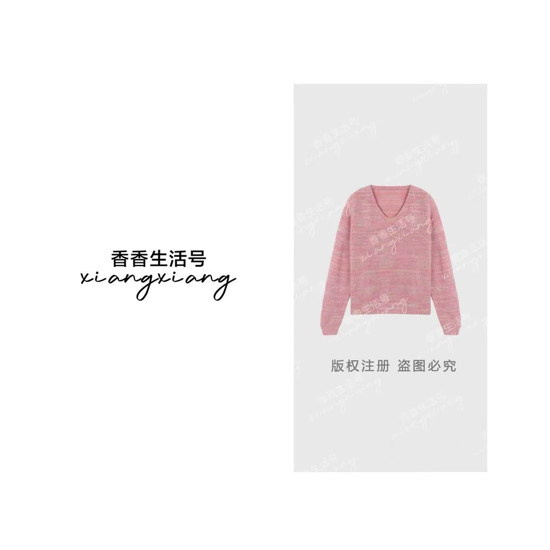 "粉雾波纹”琥珀流光慵懒风V领长袖宽松显瘦百搭毛衣KY001