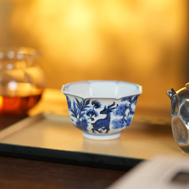 预售 瓷语慕古青花松竹梅鹿纹八方杯