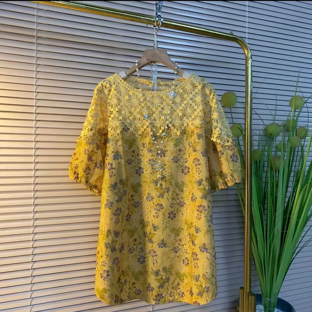 芃芃25146夏季新款大码女装欧货时尚拼接蕾丝碎花衫