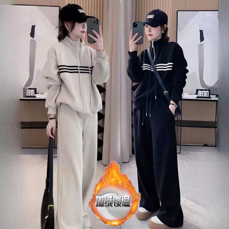 微胖mm休闲卫衣套装女士秋冬加绒加厚大码宽松显瘦遮肉时尚运动服