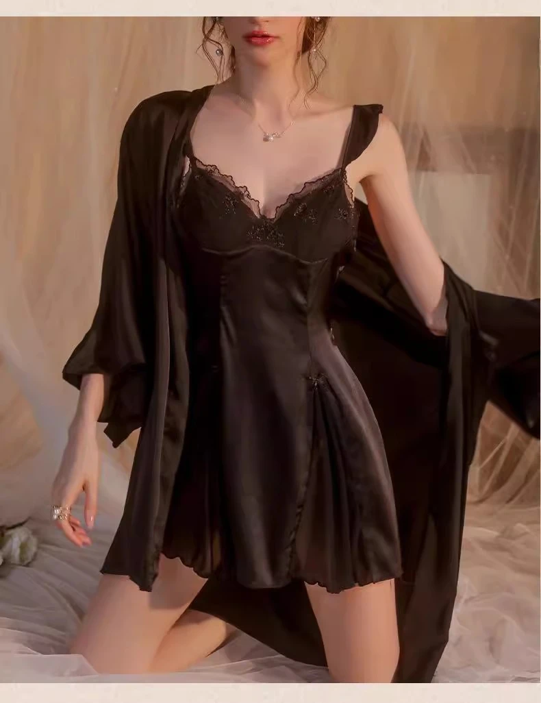 【性感纯色夏季睡裙气质】小胸带胸垫女蕾丝高级感薄吊带睡裙-6322