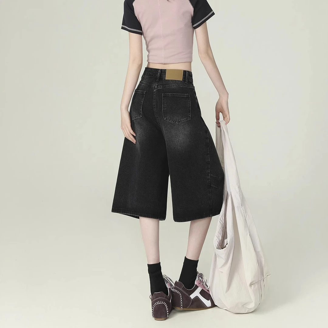 黑灰色高腰阔腿七分牛仔短裤女2025夏季薄款美式复古宽松直筒中裤