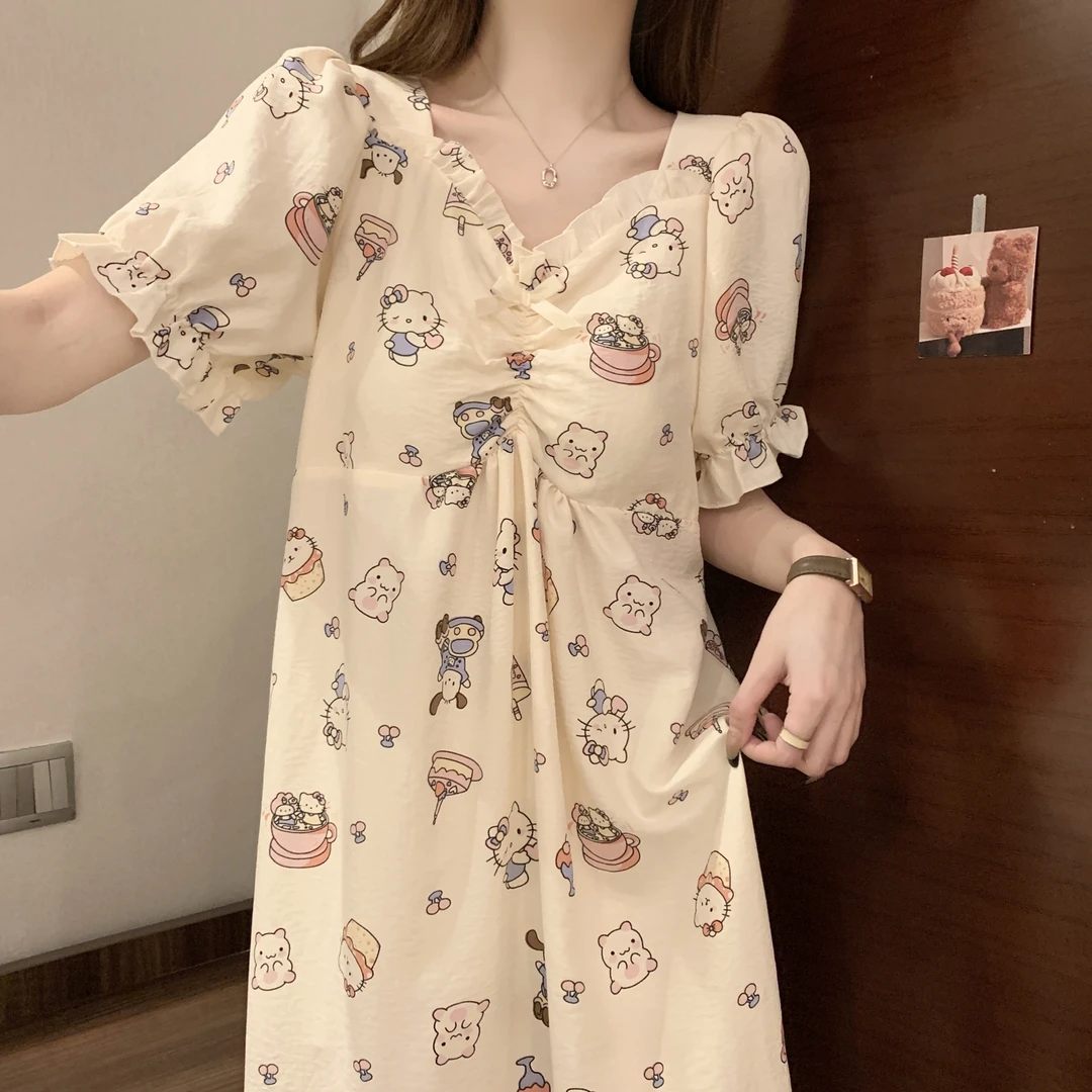 KT猫睡裙女夏季新款ins风卡通可爱宽松蝴蝶结短袖家居服睡衣裙子