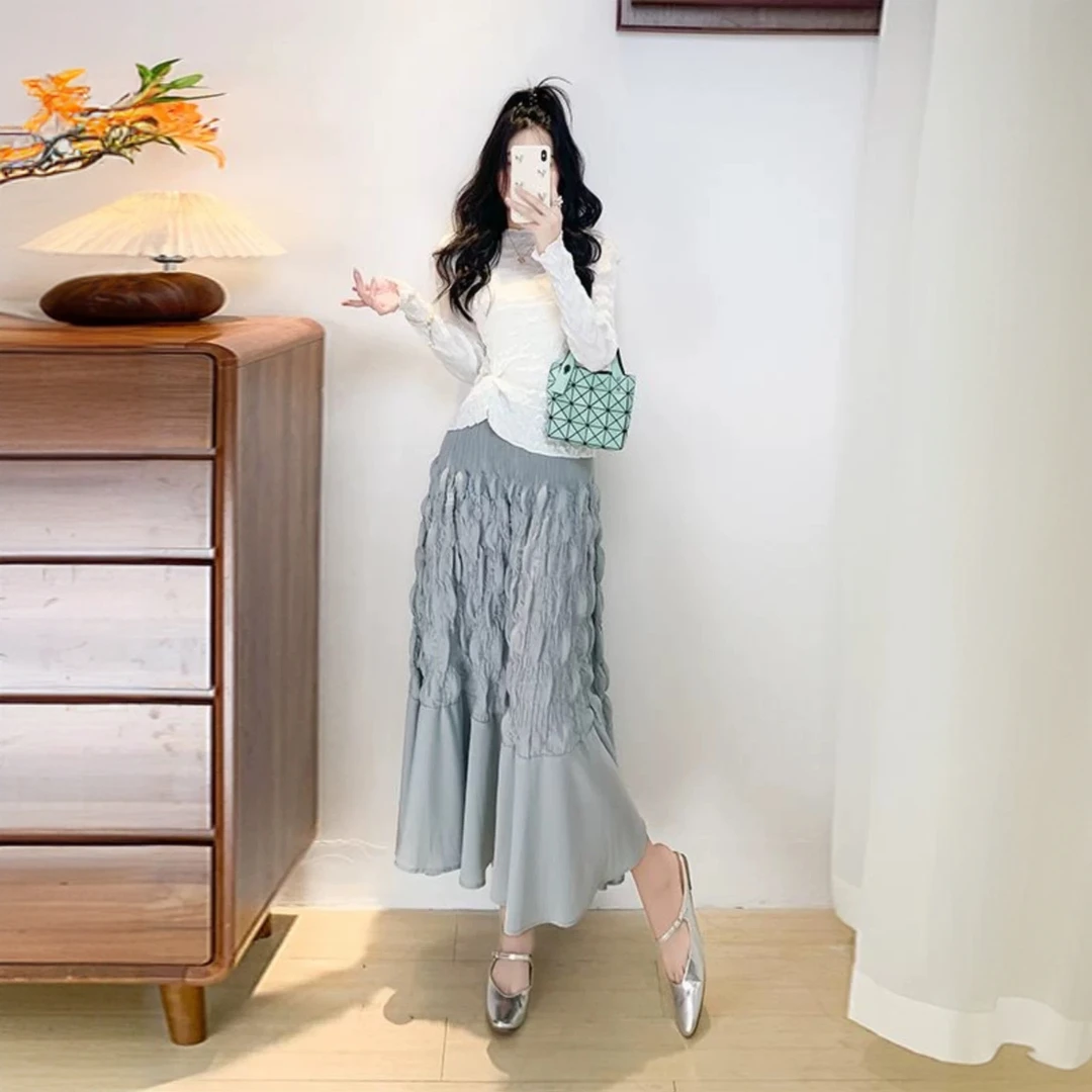 三宅褶皱春季新款纯色泡泡半裙洋气时尚高级感松紧腰半身裙