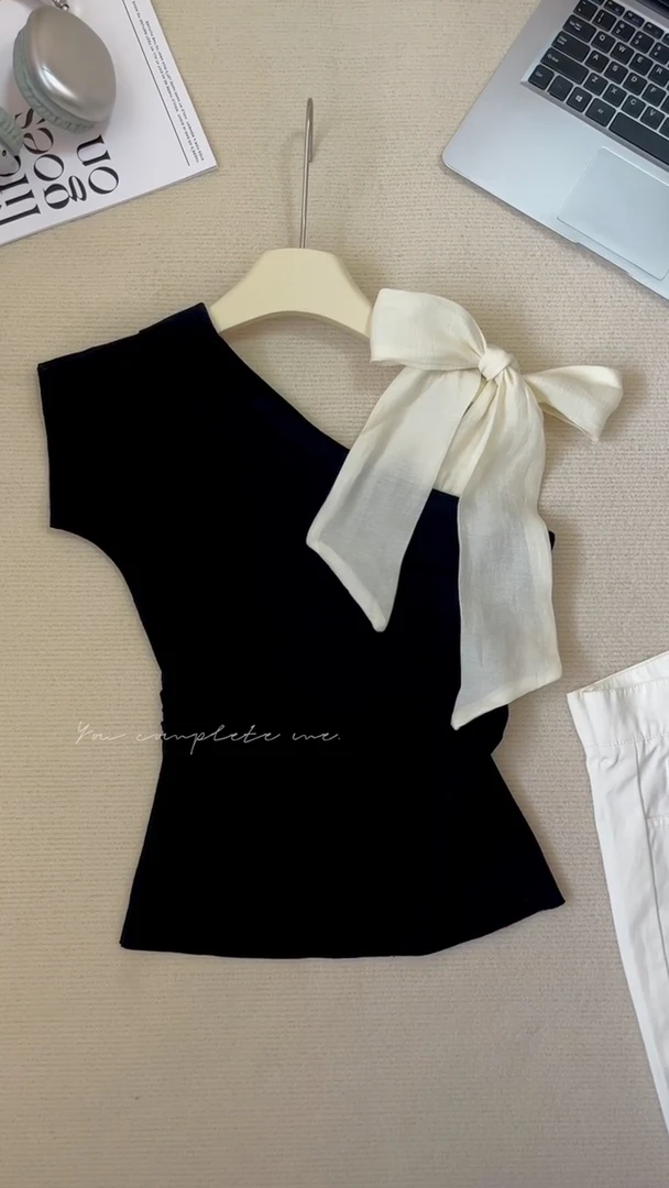 法式小香风斜肩T恤女夏2025新款蝴蝶结绑带小众百搭学院小上衣ins