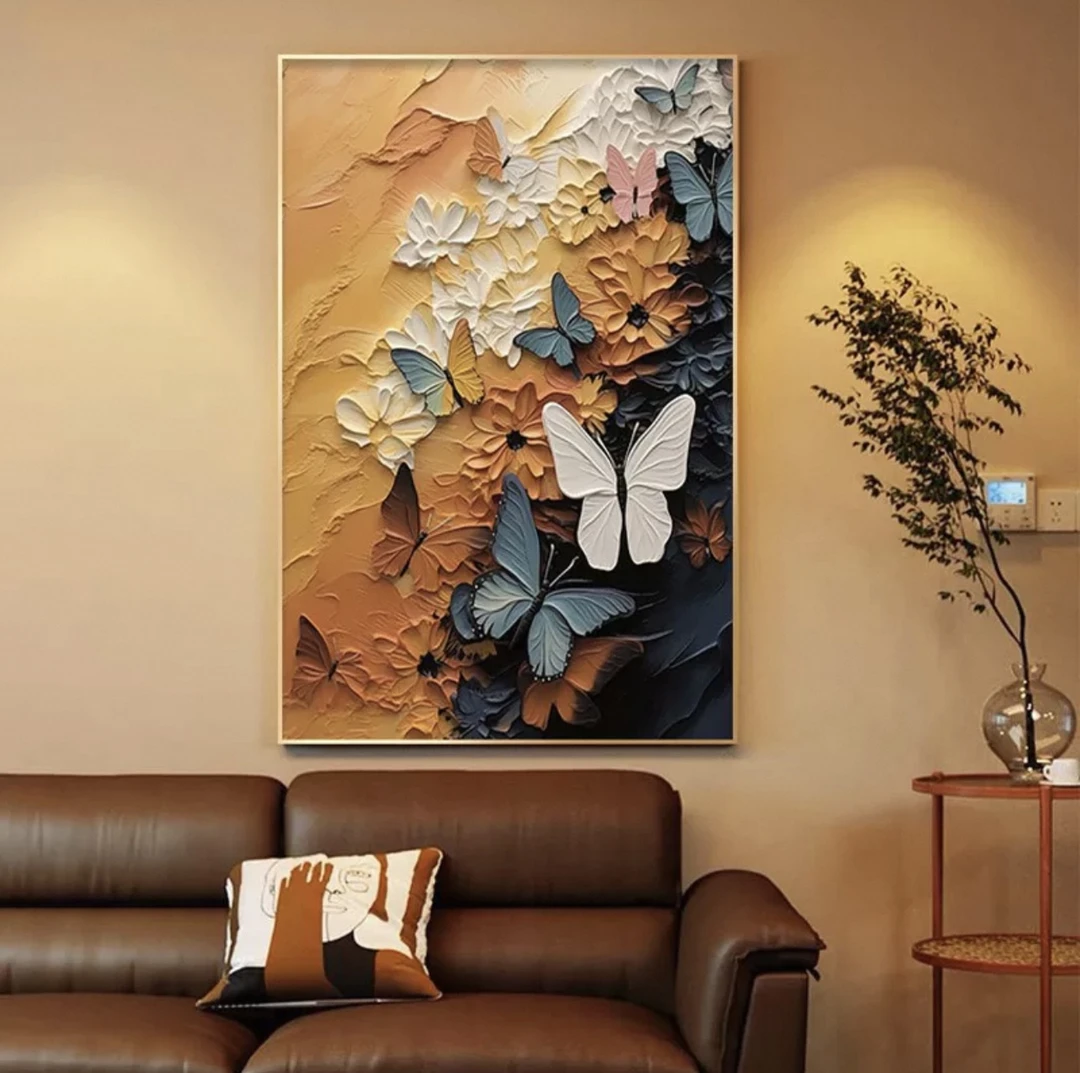 轻奢蝴蝶砂岩画北欧简约风格客厅卧室环保竖款质感