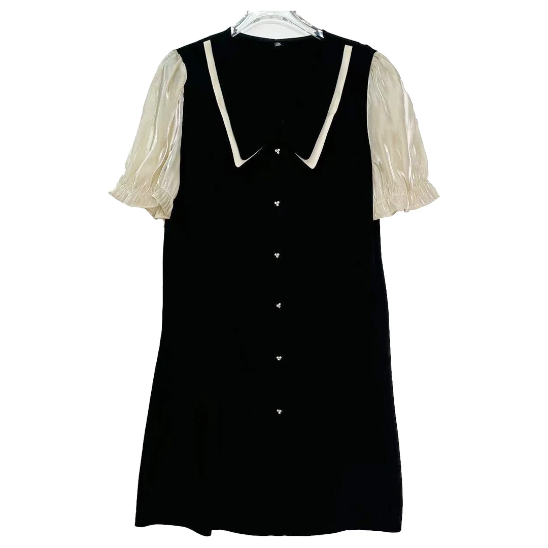 E6061时尚气质黑色娃娃领显瘦遮肉A字版连衣裙