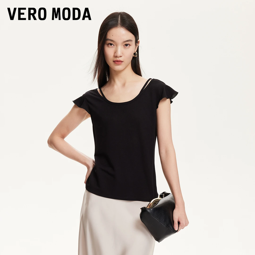 Vero ModaT恤2025春新款双层镂空领边小飞袖短袖洋气春游出行上衣