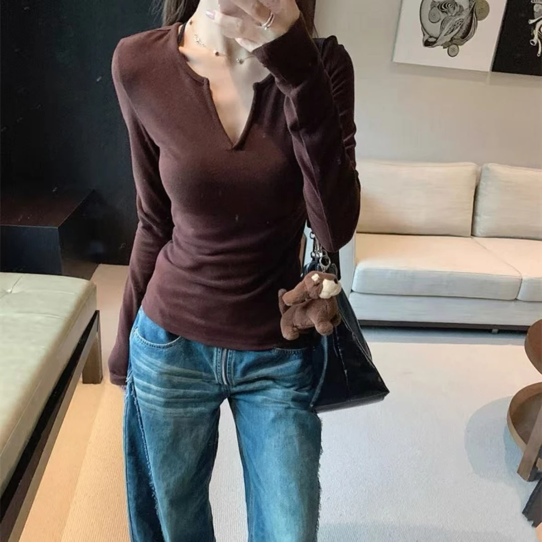 胖鹅张~百搭简约纯色V领开叉修身长袖上衣#8700