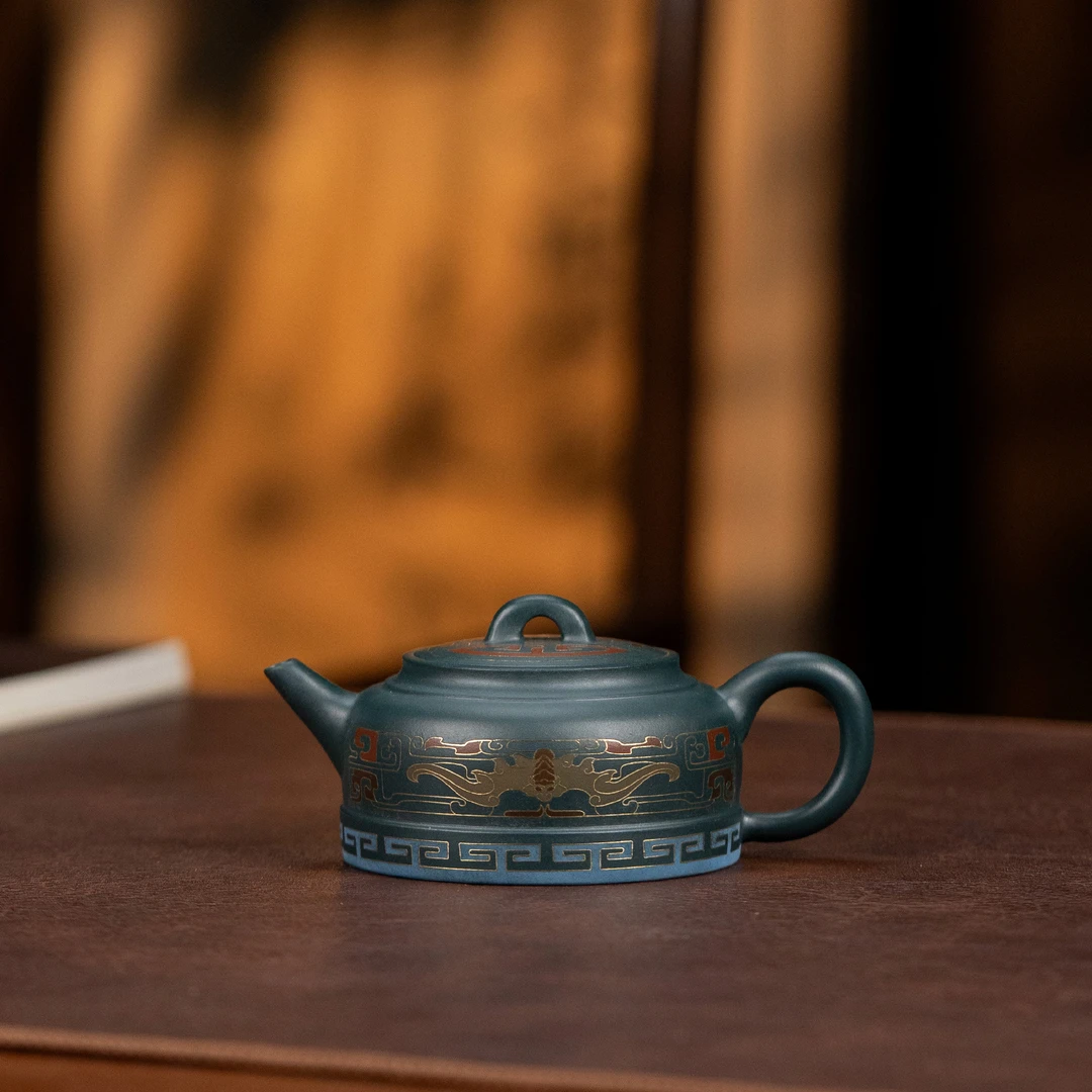 【利贞l福在眼前井栏】原矿墨绿泥约140cc手工制作宜兴紫砂茶壶QH