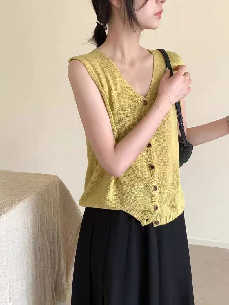 QIANRH-1182夏季新款纯色V领高级感韩版针织无袖马甲