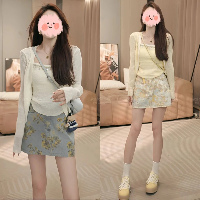 2025春夏新款韩版时尚休闲防晒针织衫两件套+印花短裙套装显瘦女