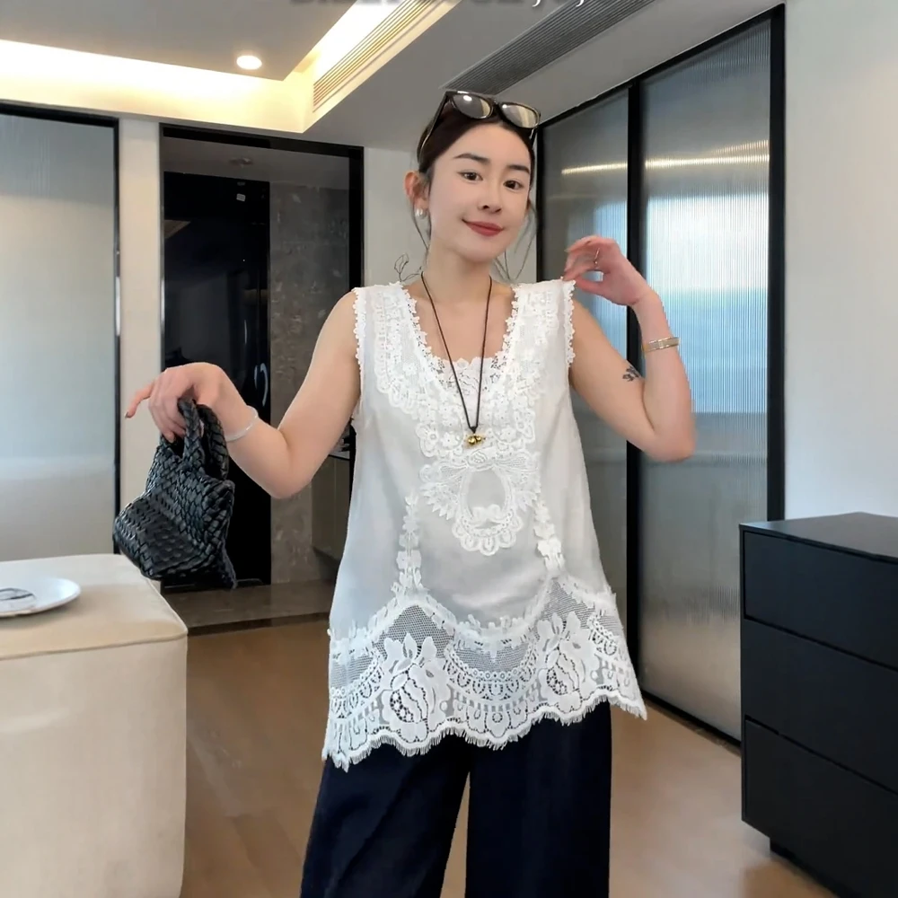 大码白色蕾丝内搭背心女2025新款微胖mm宽松显瘦叠穿打底无袖上衣