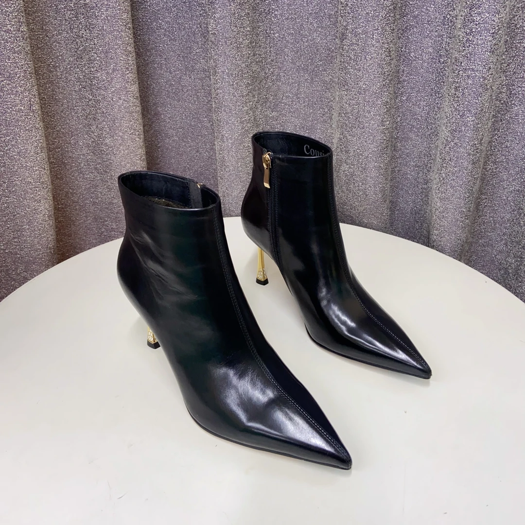 BD1011-10   黑色  时尚秋冬胎牛气质高跟尖头侧拉链时装短靴