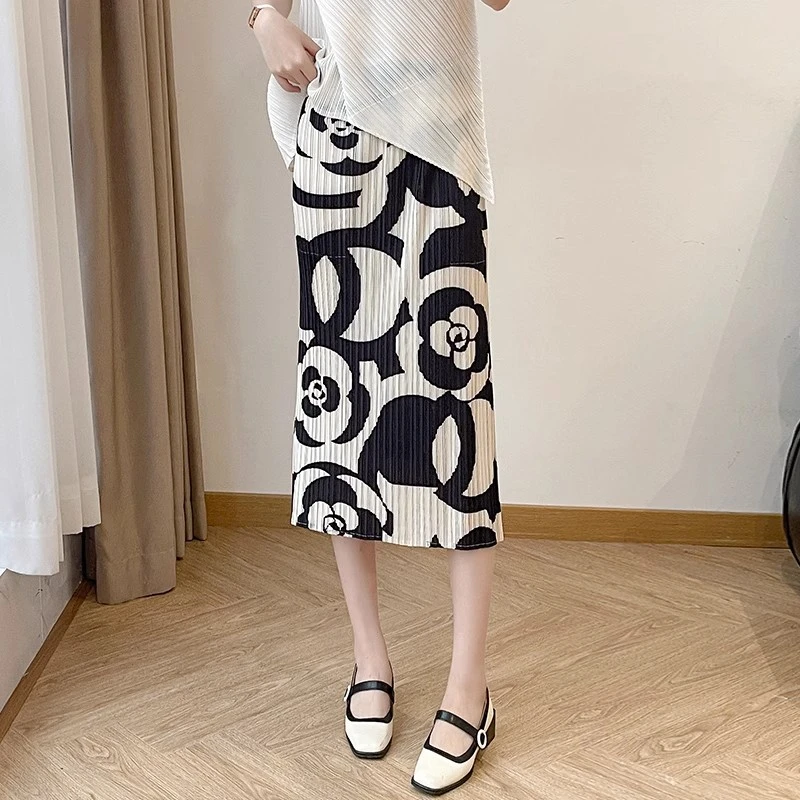 三宅高端褶皱半身裙女夏季花色直筒裙气质显瘦高腰印花百褶长裙