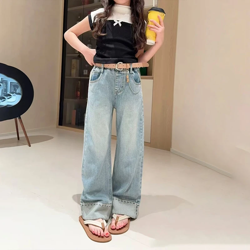 女童春装裤子2025新款洋气中小童春季牛仔裤子儿童直筒宽松阔腿裤