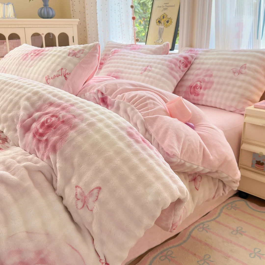 牛奶绒四件套冬季加厚保暖珊瑚绒法兰绒被套床单床上用品四件套