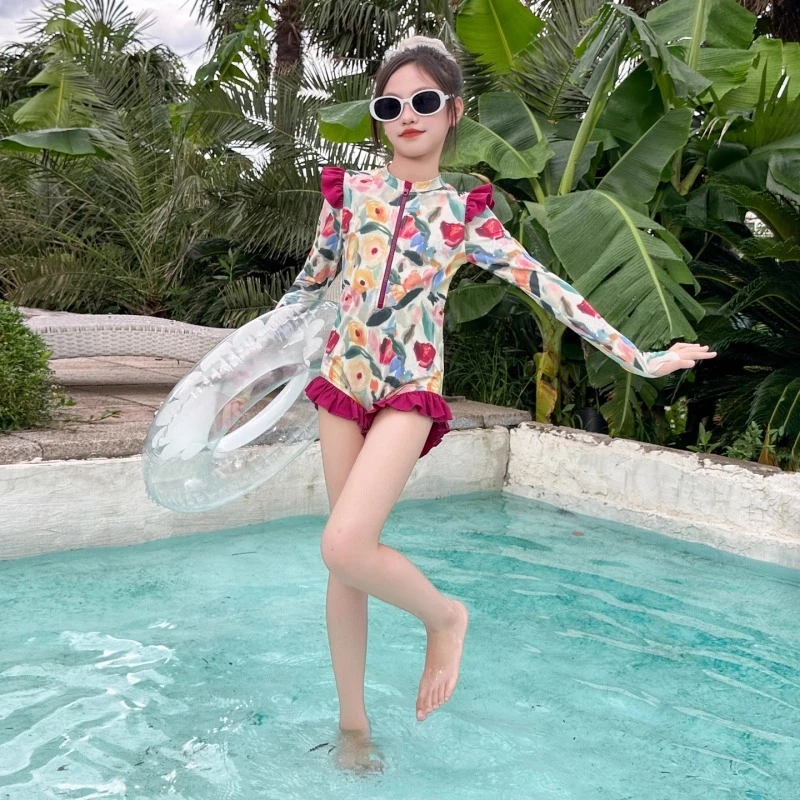 女童泳衣长袖2025新款初中生女孩防晒绝美游泳衣女大童高颜值泳装