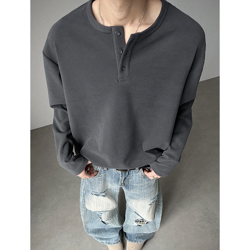 【富富】亨利领德绒秋季T恤打底衫男纯色宽松韩版大码打底外穿CT02