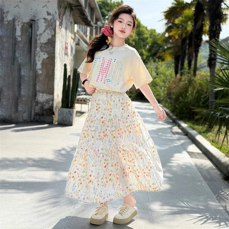 女童雪纺半身裙儿童长裙两件套装2025夏装短袖洋气中大童公主裙潮