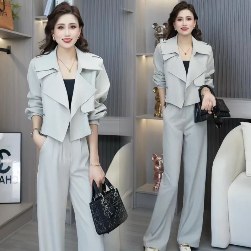 时尚西装套装女2025春秋新款洋气显瘦风衣短外套阔腿裤减龄两件套