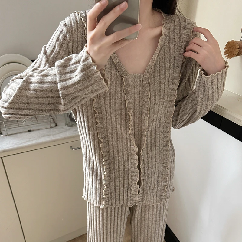 睡衣女款春秋季长袖纯欲棕色女士韩版2025新款高级感慵懒风家居服