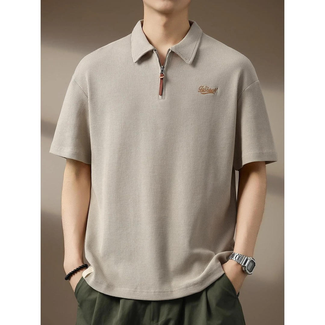 轻奢痞帅复古小众设计感华夫格Polo衫男夏季重磅半拉链短袖五分袖