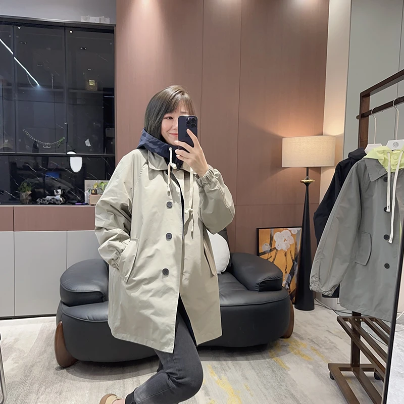 欧洲站2025春新款宽松显瘦单排扣设计感撞色连帽中长款风衣外套女