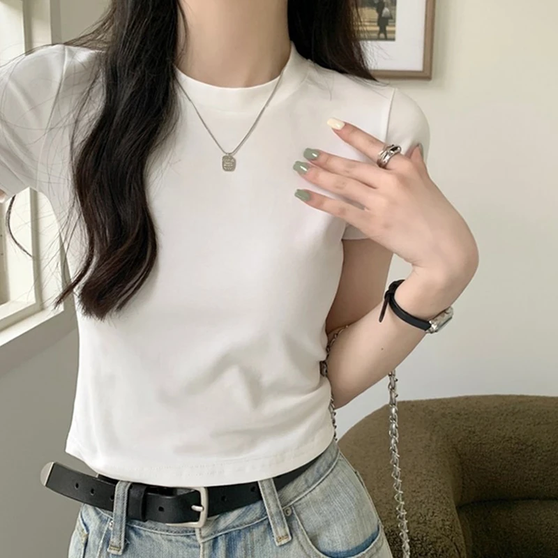 【小个子专属】短款短袖T恤女百搭夏季圆领半袖t恤女纯色显瘦上衣
