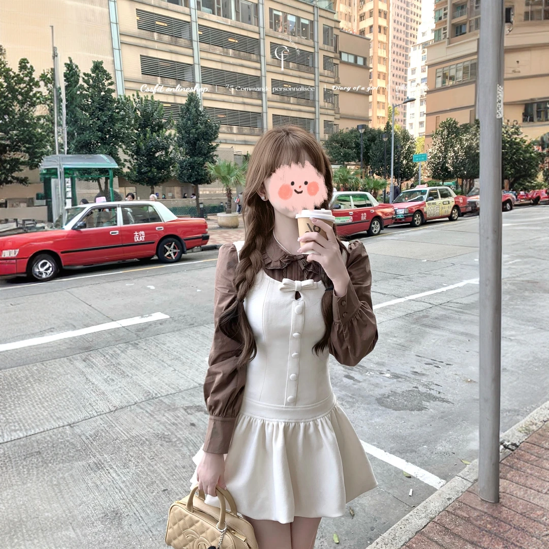 蒙布朗季风 米白斜纹咖色丝绒花苞蝴蝶结背心裙短裙