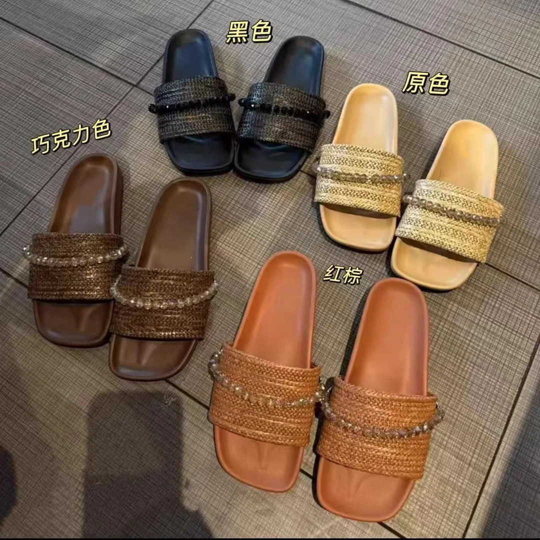 2025春季新款韩版水钻渔夫鞋女草编一字拖鞋平底闪钻仙女露趾凉拖