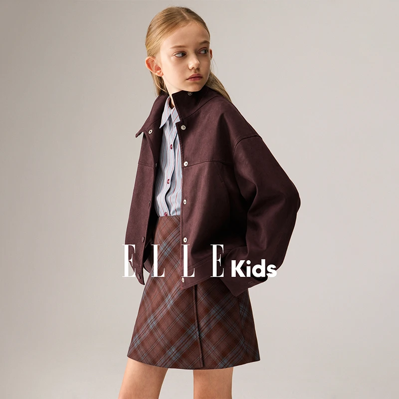 ELLE KIDS 童装仿麂皮绒机车老钱感宽松夹克外套时尚复古翻领F3