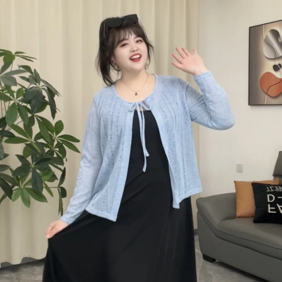 8763春夏新款镂空针织长袖系带开衫甜美遮肉显瘦百搭上衣外套女