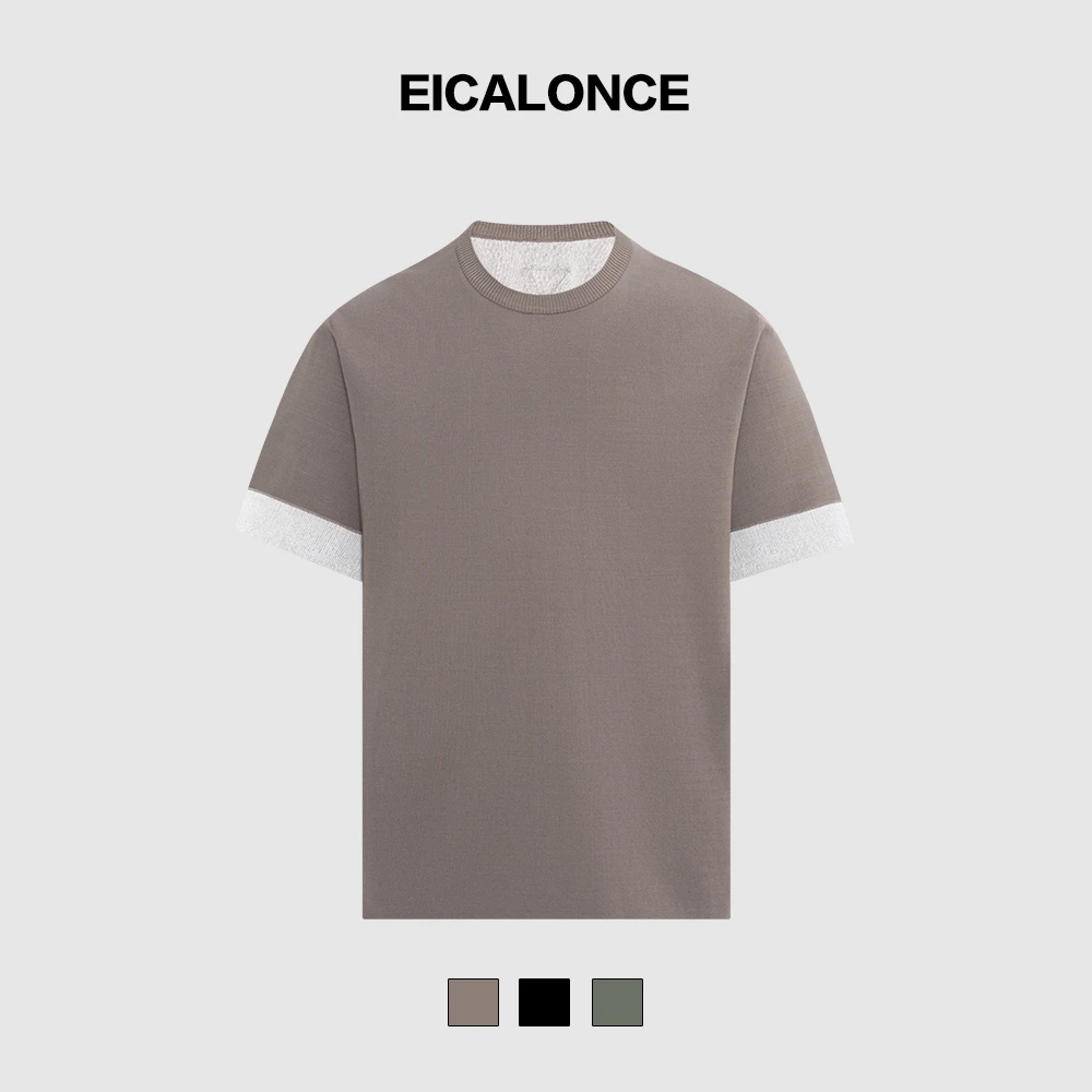 意卡伦萨 25春夏新款圆领针织卷边短袖撞色T恤男士打底衫SW80120