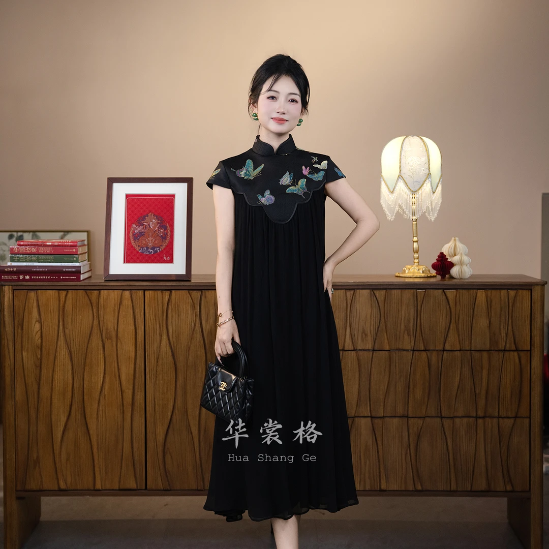 华裳格新中式上久楷晴春蝶戏云肩真丝顺纡长款礼服连衣裙HS1499