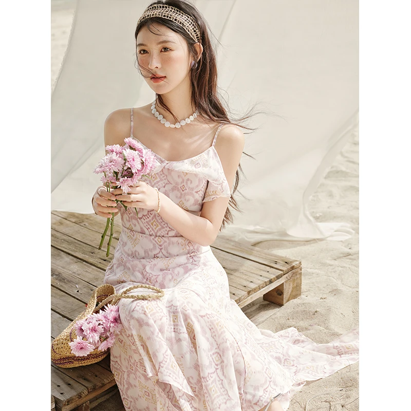 【年中大促】谜秀新品碎花雪纺吊带连衣裙女夏收腰裙子2025温柔风