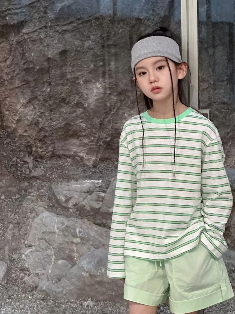 春款百搭条纹打底衫长袖休闲圆领女可亲子