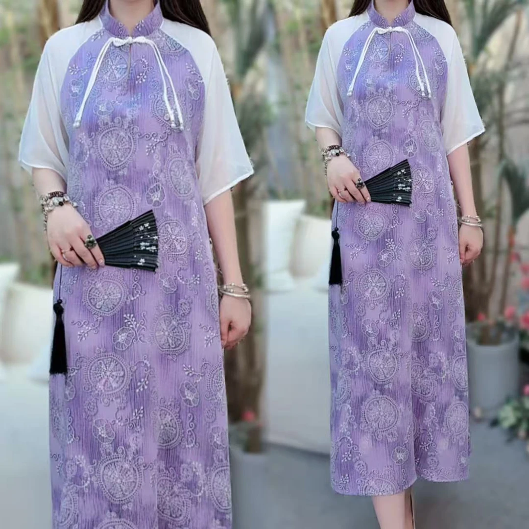 新中式国风立领一字扣宽松显瘦遮肉长款改良连衣裙日常休闲099