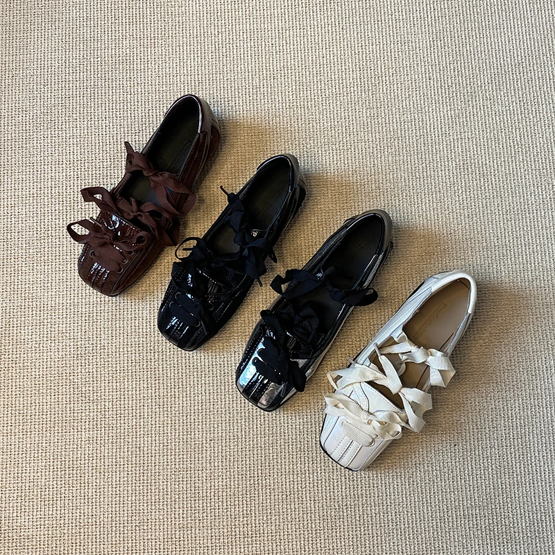 付小兮芭蕾风玛丽珍鞋女方头绝美软底系带蝴蝶结休闲拼色浅口单鞋