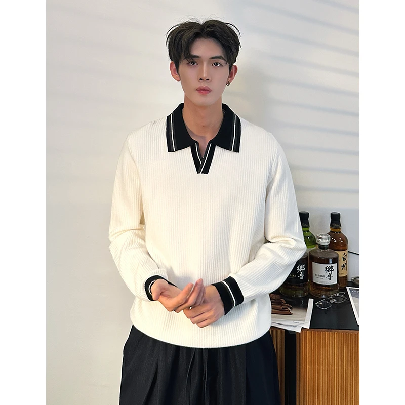 日系轻奢百搭时尚条纹拼接针织翻领上衣秋季潮流宽松男士套头毛衣